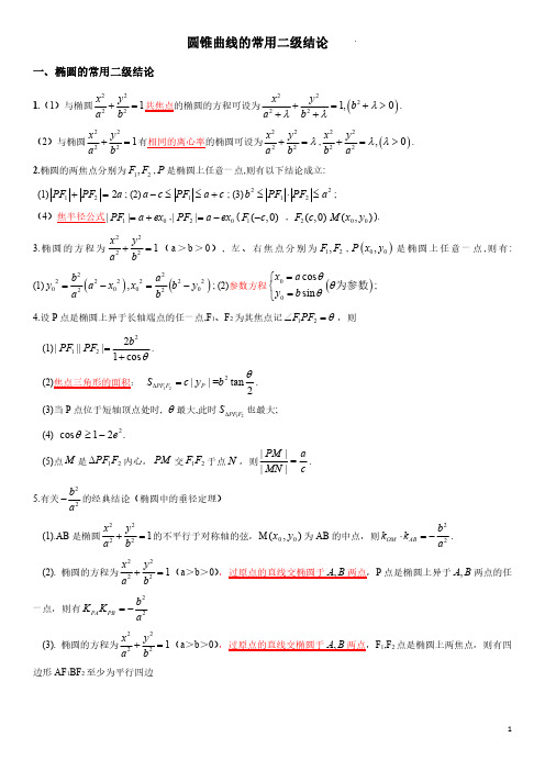 高中数学圆锥曲线最常用二级结论总结