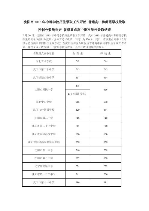 沈阳市2013年中等学校招生录取-省级重点高中分数线