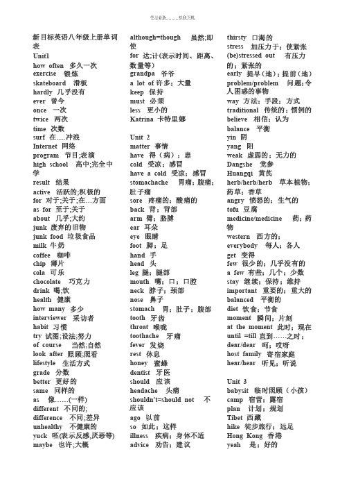 义务教育新目标英语八年级上册单词表