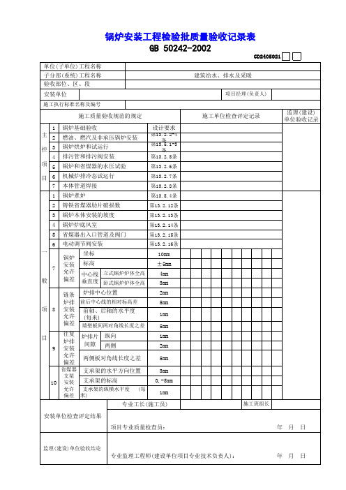 【工程常用表格】炉安装工程检验批质量验收记录表