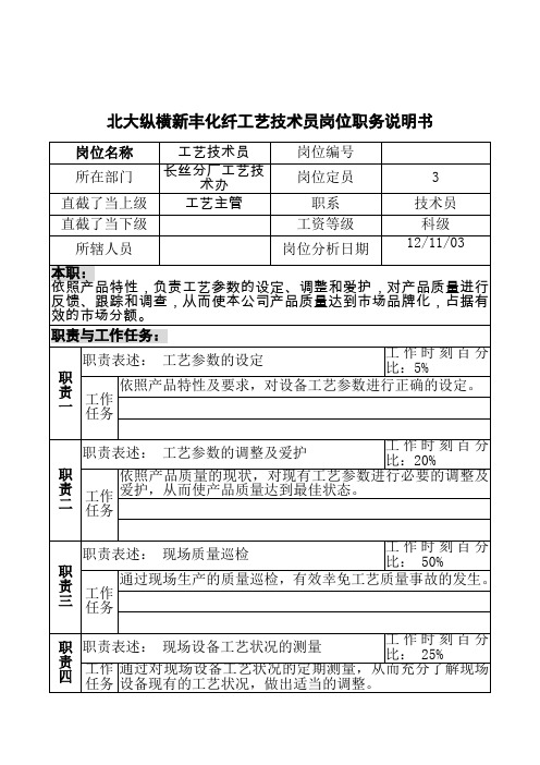 北大纵横新丰化纤工艺技术员岗位职务说明书