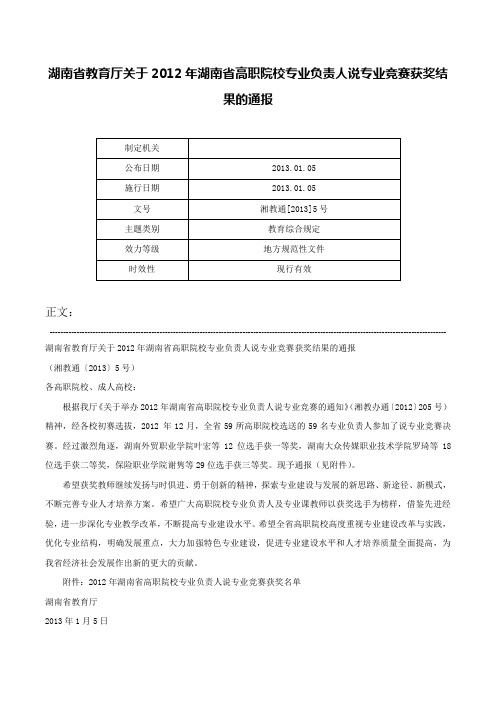 湖南省教育厅关于2012年湖南省高职院校专业负责人说专业竞赛获奖结果的通报-湘教通[2013]5号