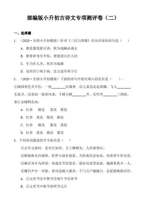 2020统编部编人教版语文：小升初古诗文专项测评卷(二)含答案