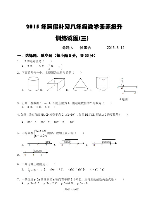 2015年暑假补习八年级数学素养提升训练试题及答案(三)