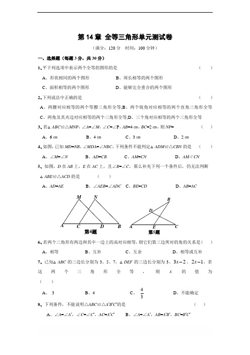 沪科版八年级上 第14章 全等三角形单元测试卷(含答案)