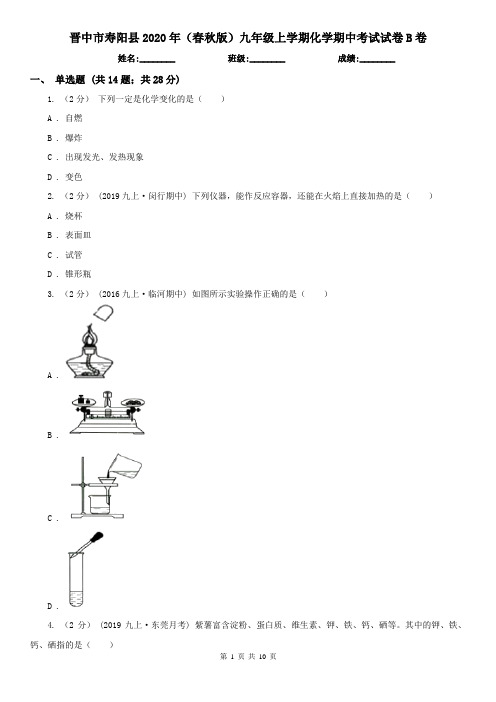 晋中市寿阳县2020年(春秋版)九年级上学期化学期中考试试卷B卷