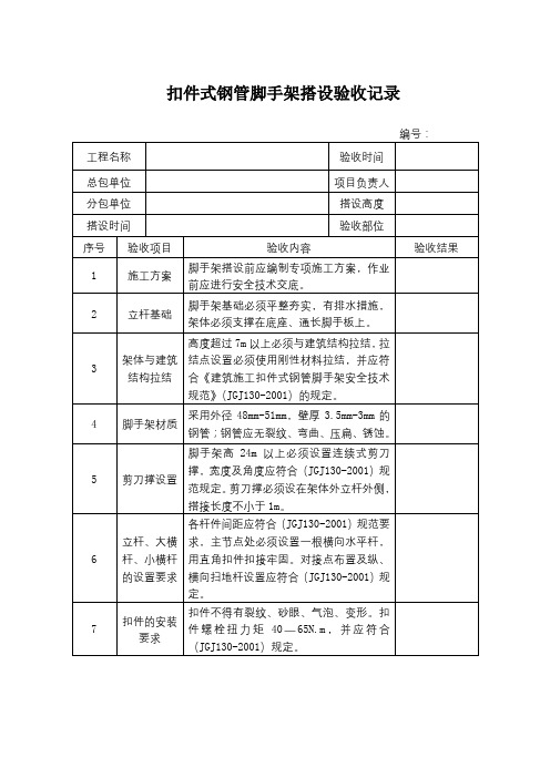 扣件式钢管脚手架搭设验收记录