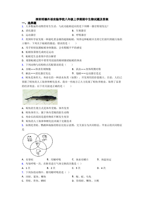 深圳明德外语实验学校八年级上学期期中生物试题及答案