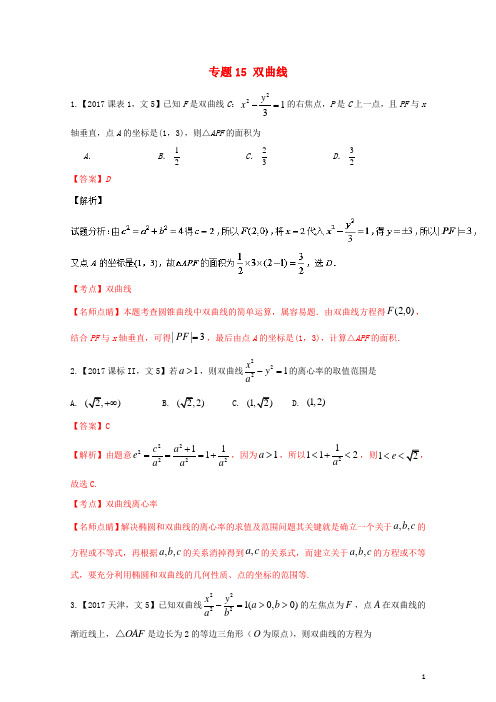 三年高考2015_2017高考数学试题分项版解析专题15双曲线文20171101134
