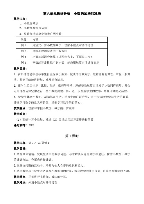 【单元教案合集】人教数学2021版四年级下学期单元教案：第六单元  小数的加法和减法(7课时)