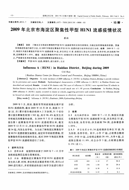 2009年北京市海淀区聚集性甲型H1N1流感疫情状况