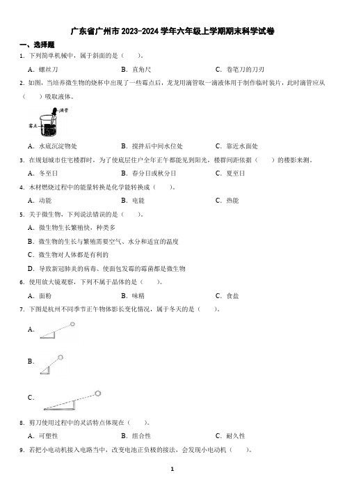 广东省广州市2023-2024学年六年级上学期期末科学试卷(含答案)