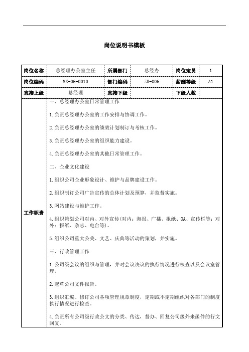 总经理办公室主任岗位说明书工作职责