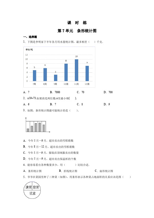 四年级上册数学人教版课时练第7单元《条形统计图》测试 试题试卷 含答案(1)