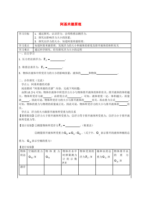 人教版八年级物理下册10.2阿基米德原理导学案无答案新版