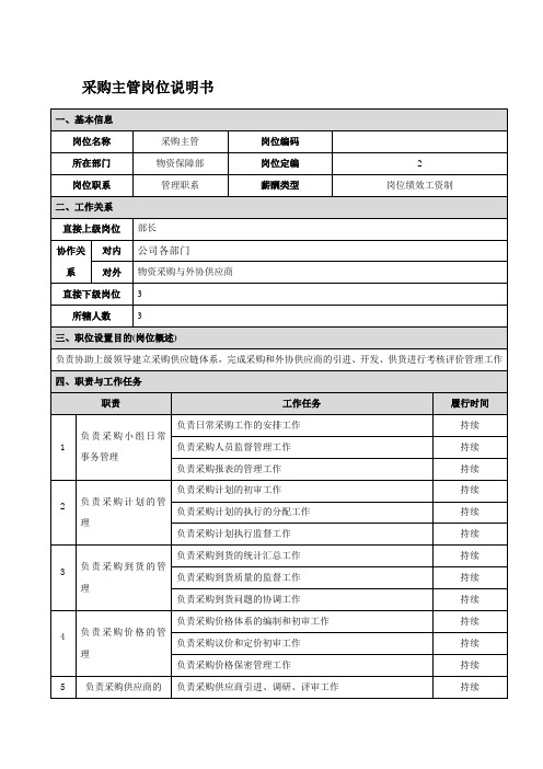 风电工程公司采购主管岗位说明书