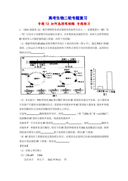 高考生物二轮专题复习：专题12 如何选择限制酶专题(习题精练含答案详解)