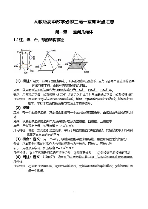 人教版高中数学必修2第一章知识点汇总