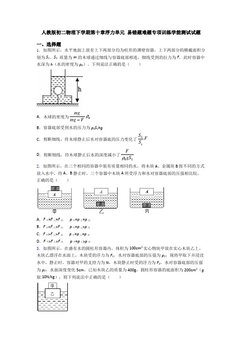 人教版初二物理下学期第十章浮力单元 易错题难题专项训练学能测试试题