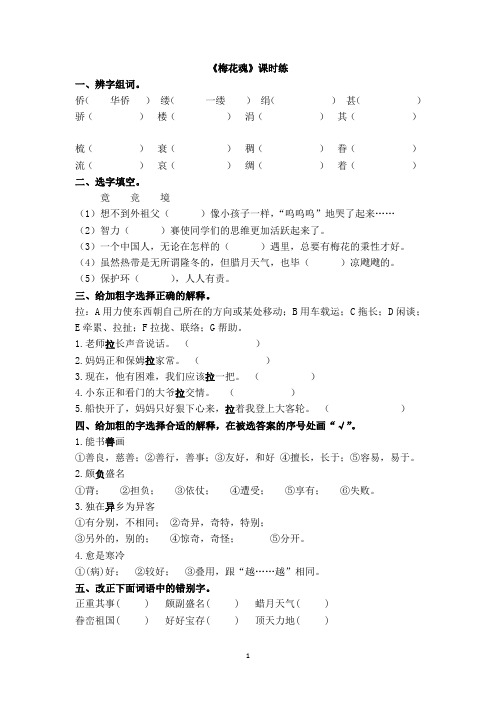 部编本小学语文五年级下册第一单元《梅花魂》课时练及答案