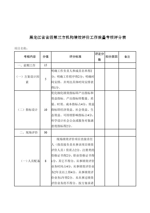 黑龙江省省级第三方机构绩效评价工作质量考核评分表