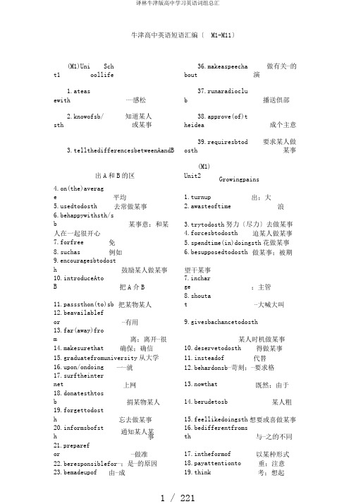 译林牛津版高中学习英语词组总汇