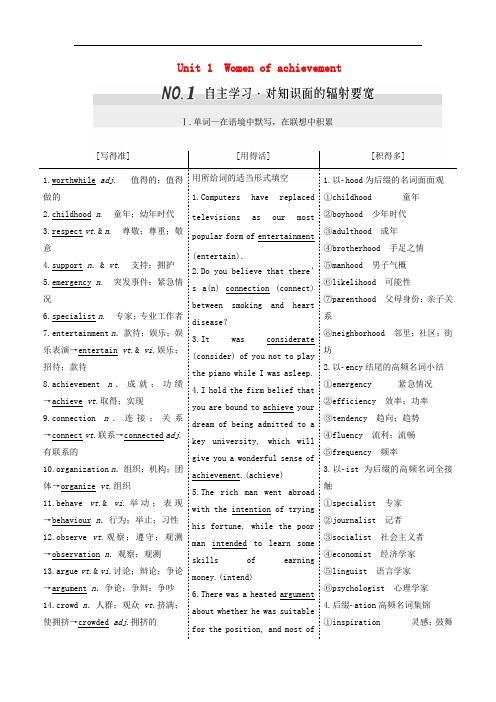 高考英语一轮复习 Unit 1 Women of achievement导学案 新人教版必修4