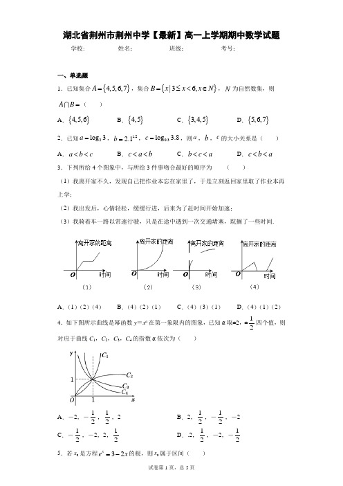 湖北省荆州市荆州中学2020-2021学年高一上学期期中数学试题