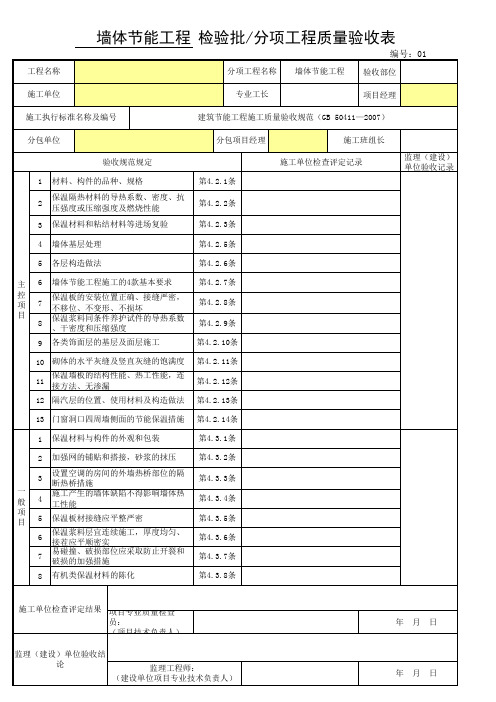 5、墙体节能工程 检验批分项工程质量验收表