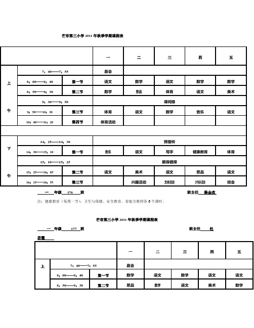 2011年芒市第三小学课程总表