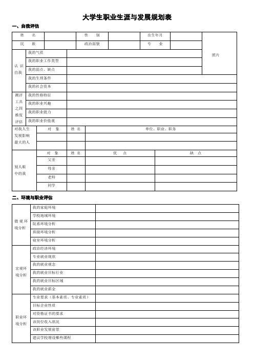 大学生职业生涯与发展规划表