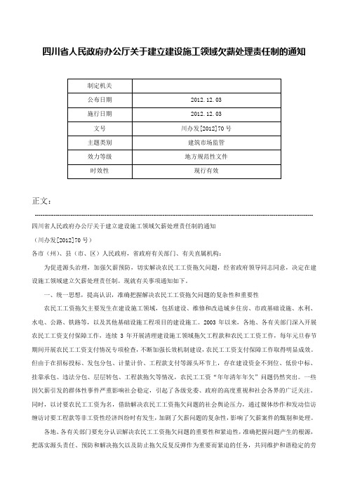 四川省人民政府办公厅关于建立建设施工领域欠薪处理责任制的通知-川办发[2012]70号