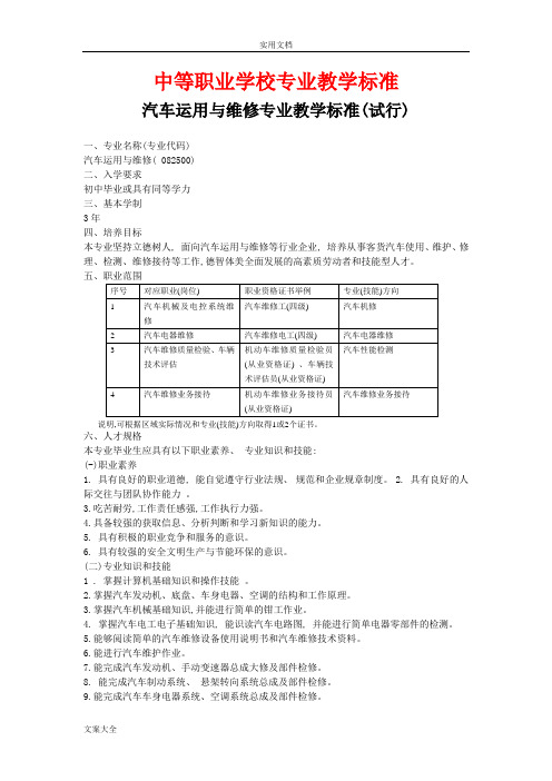 中等职业学校专业教学实用标准(汽车运用与维修专业)