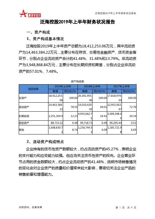 泛海控股2019年上半年财务状况报告