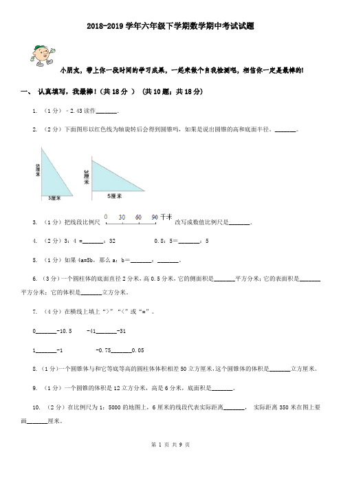 2018-2019学年六年级下学期数学期中考试试题