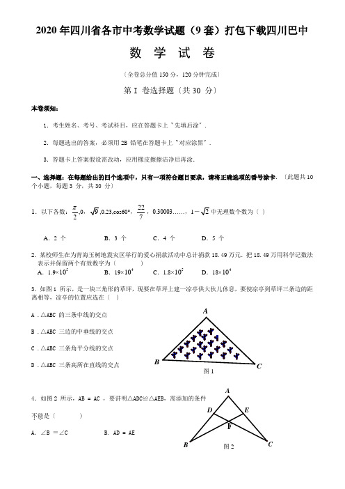 2020年四川省各市中考数学试题(9套)打包下载四川巴中