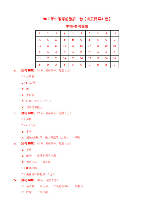 【名师押题】2019年中考考前最后一卷 生物(山东日照卷)(参考答案)