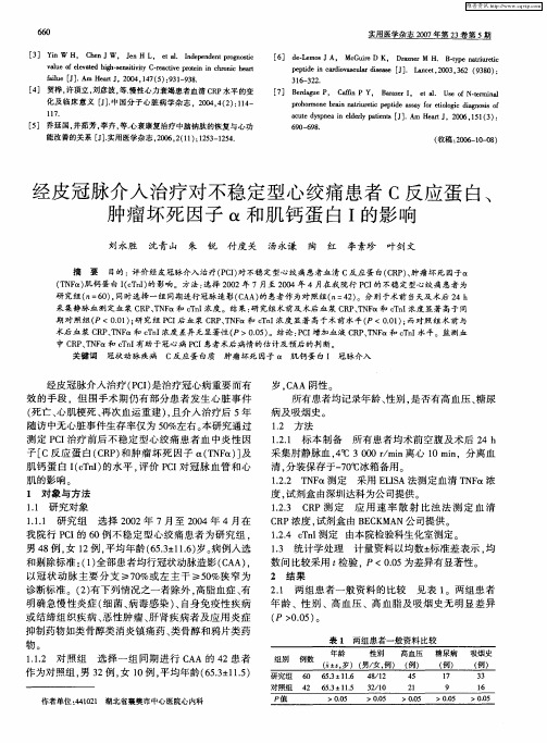 经皮冠脉介入治疗对不稳定型心绞痛患者C反应蛋白、肿瘤坏死因子α和肌钙蛋白I的影响