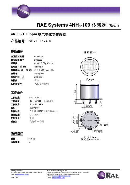 RAE 4NH3-100 传感器技术指标