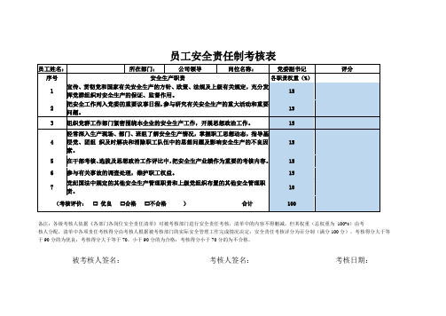 员工安全责任制考核表副书记