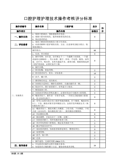 口腔护理护理技术操作考核评分标准