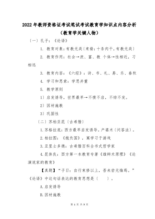 2022年教师资格证考试笔试考试教育学知识点内容分析(教育学关键人物)