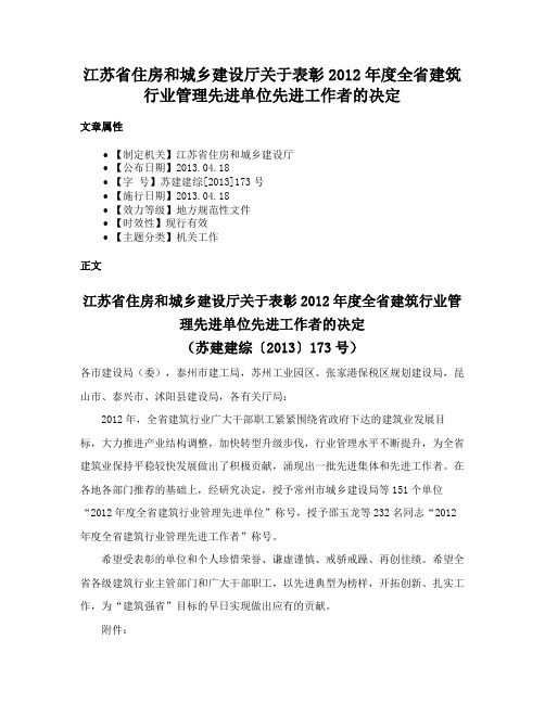 江苏省住房和城乡建设厅关于表彰2012年度全省建筑行业管理先进单位先进工作者的决定