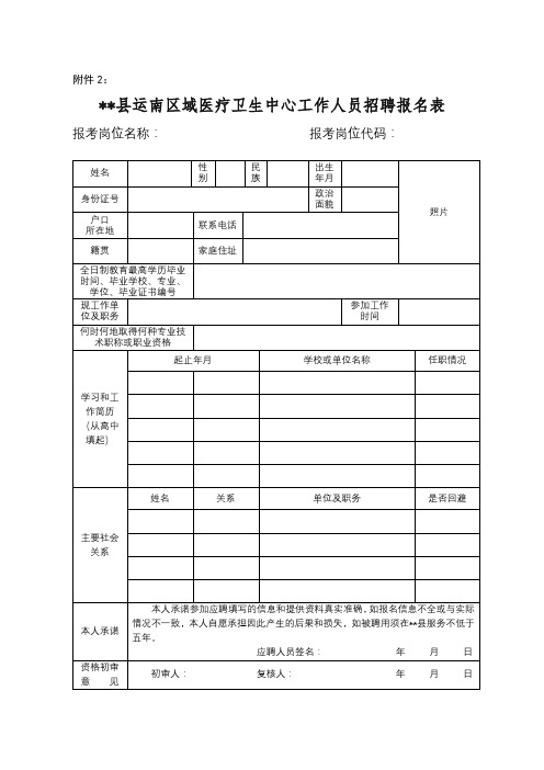 XX县运南区域医疗卫生中心工作人员招聘报名表【模板】