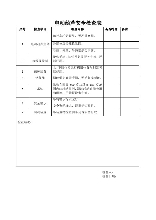 电动葫芦安全检查表