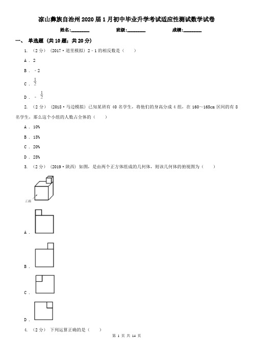 凉山彝族自治州2020届1月初中毕业升学考试适应性测试数学试卷