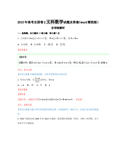 2015年高考全国卷2文科数学试题及答案解析(word精校版)