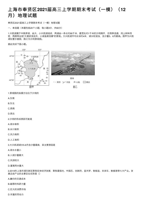 上海市奉贤区2021届高三上学期期末考试（一模）（12月）地理试题