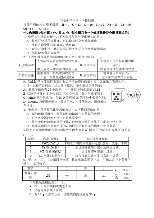 人教版四川省三台县石安中学化学中考模拟试题