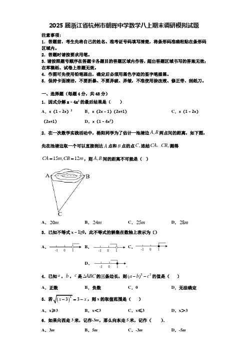 2025届浙江省杭州市朝晖中学数学八上期末调研模拟试题含解析